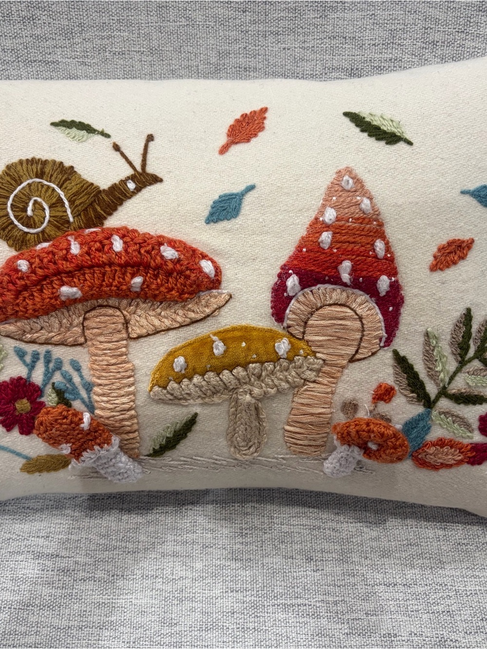 World Market Embroidered Mushroom and Snail Pillow